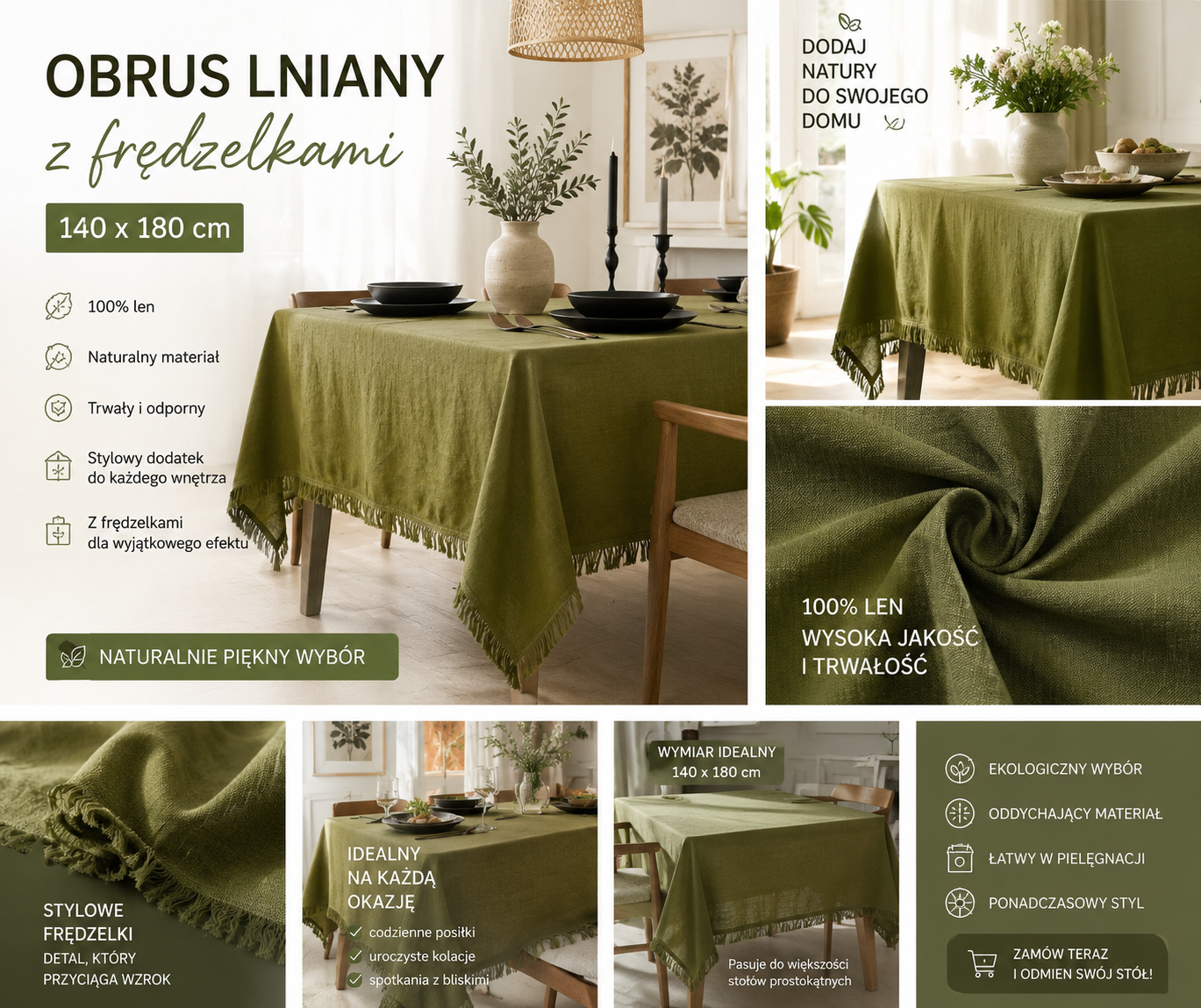 Obrus naturalny 100% len z frędzelkami premium 140x180 - obrazek 3